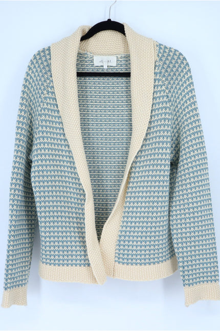 THE GREAT. Minicheck Lodge Cardigan Sweater Morning Sky Open Front Women's 0 XS