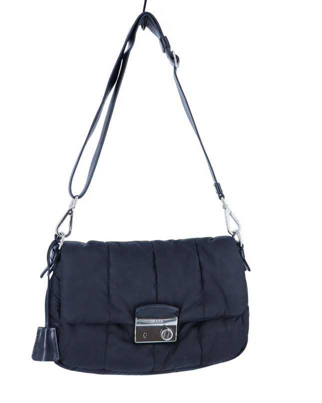 PRADA Tessuto Nylon Bomber Sound Bag Black Leather Convertible Luxury Purse
