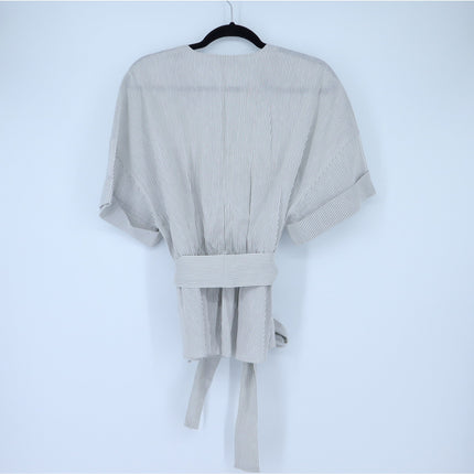 Vince Self Tie V Neck Blouse White Gray Striped Cuffed Sleeve Women's L