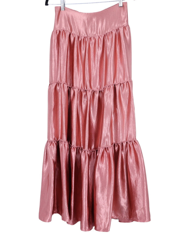 FREE PEOPLE Moonbeam Metallic Tiered Skirt Rose Gold Full Length Women's S