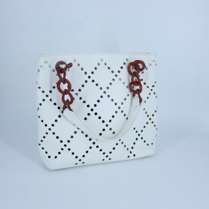 Chanel 2003 Perforated Caviar Leather Tote Bag White with Amber Chain y2k