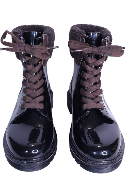 SEE BY CHLOÉ Florrie Shearling Rain Boots Black Brown Combat Women's 39/US 8