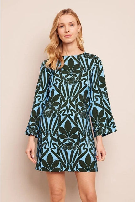 CARA CARA Gossamer Blue Saffron Dress Mini Shift Bell Sleeve Women's L