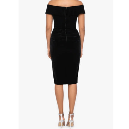 XSCAPE Cassandra Dress Black Velvet Ruffle Off The Shoulder Women's 14