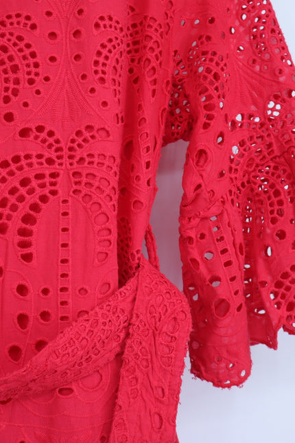 FARM RIO Red Palm Tree Eyelet Mini Dress Belted Long Sleeve Women's M