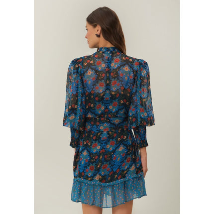 FARM RIO Blue Arabesque Dress NWT Floral High Neck Long Sleeve Women's XXS