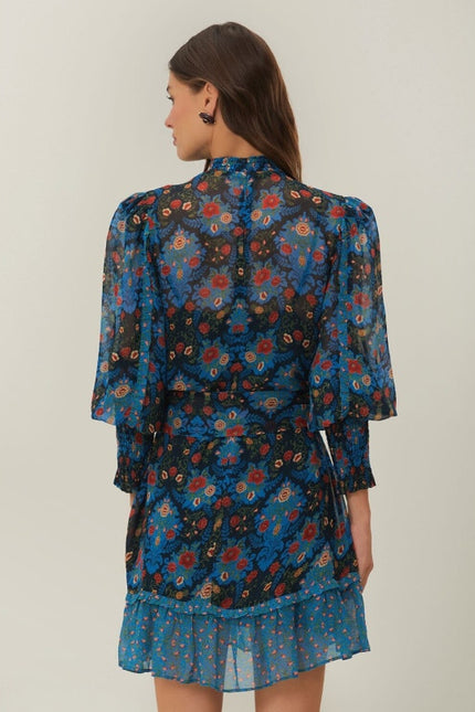 FARM RIO Blue Arabesque Dress NWT Floral High Neck Long Sleeve Women's XXS
