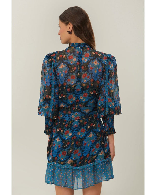 FARM RIO Blue Arabesque Dress NWT Floral High Neck Long Sleeve Women's XXS