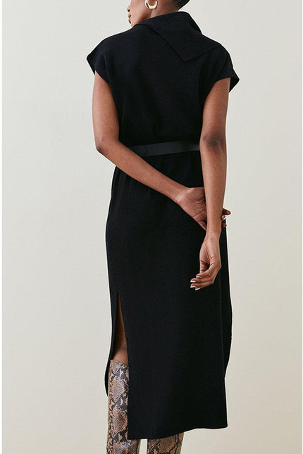 KAREN MILLEN NWT Black Wool Blend Belted Knit Midi Dress Short Sleeve Women's XS