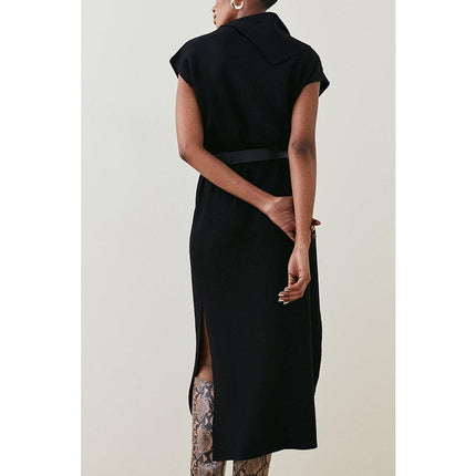 KAREN MILLEN Belted Knit Midi Dress NWT Black Wool Blend Short Sleeve Women's XS