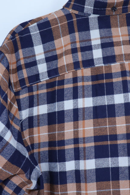 NORDSTROM Trim Fit Shirt Navy and Orange Plaid Button Down Long Sleeve Men's L