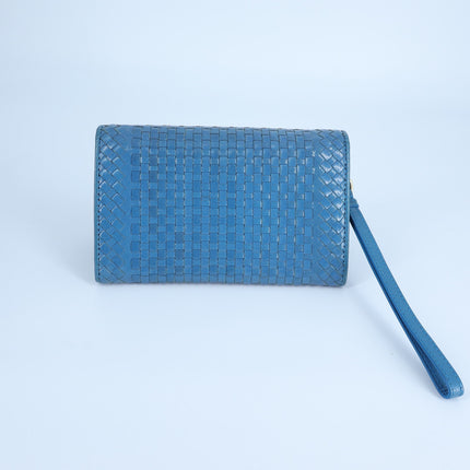 Prada Woven Leather Madras Wristlet Wallet Teal Purse Clutch Bag