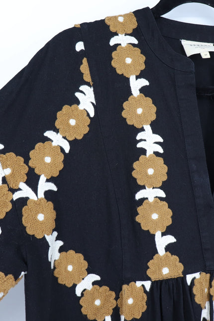 SEZANE Blandina Dress Black and Floral Ecru Embroidery Women's 40/US 8