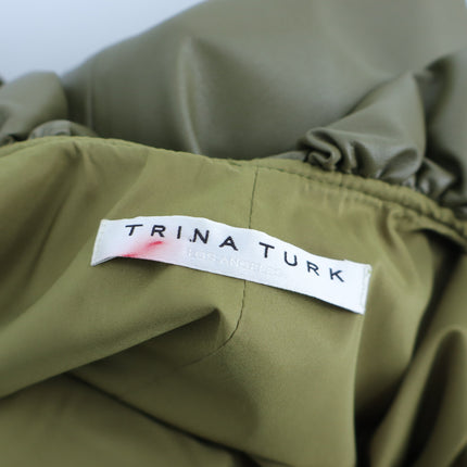 Trina Turk Twin Falls Mini Dress Olive Green Faux Leather Ruffle Neck Women's S