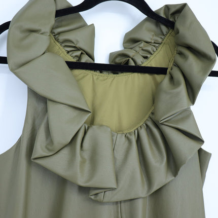 Trina Turk Twin Falls Mini Dress Olive Green Faux Leather Ruffle Neck Women's S