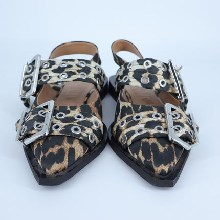 Ganni Leopard Slingback Flats Black Two Buckle Pointed Toe Women's 37/US 7