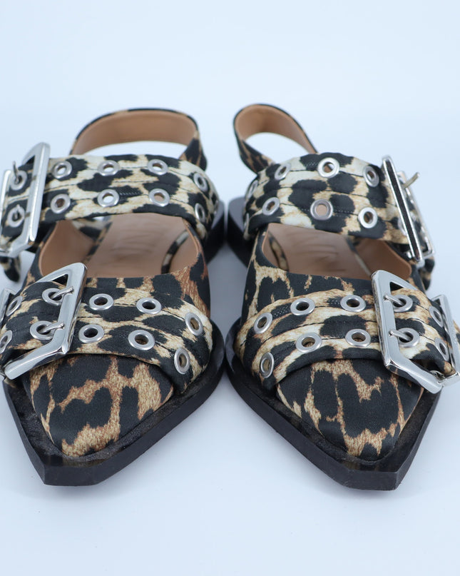 Ganni Leopard Slingback Flats Black Two Buckle Pointed Toe Women's 37/US 7