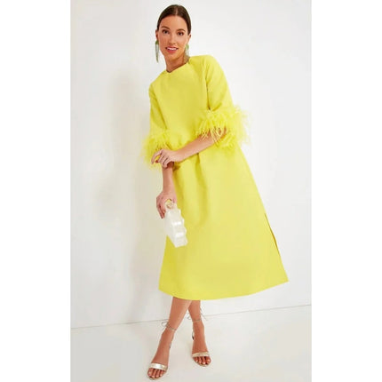 TUCKERNUCK Feather Jamie Dress Citron Yellow NWT Midi 3/4 Sleeve Women's M