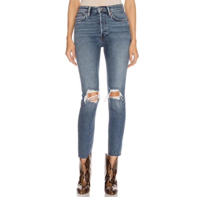 RE/DONE 90's Ankle Crop Jeans Blue Dusk Destroy High Rise Stretch Women's 25