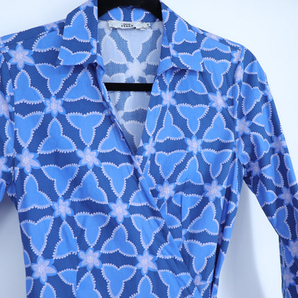 0039 ITALY Havanna Printed Wrap Midi Dress Blue 3/4 Sleeves Women's XS