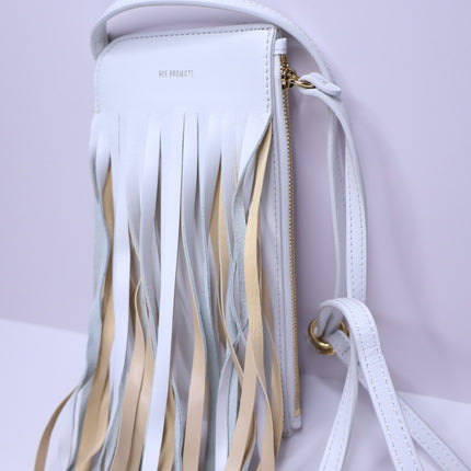 REE PROJECTS Do Fringe Leather Neck Pouch White Leather Crossbody Sling Bag