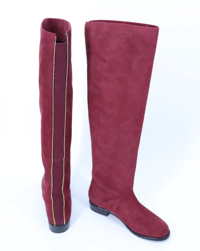 STUART WEITZMAN Back Talk Suede Knee High Boots Scarlet Red Gold Women's 5.5M
