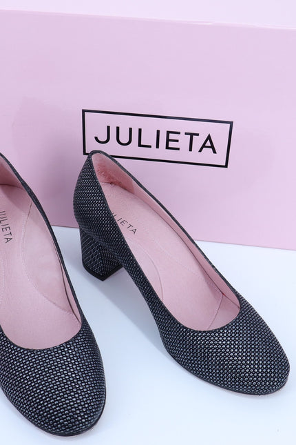 JULIETA Zoe Textured Pumps Black and Silver Block Heel NEW Women's 7