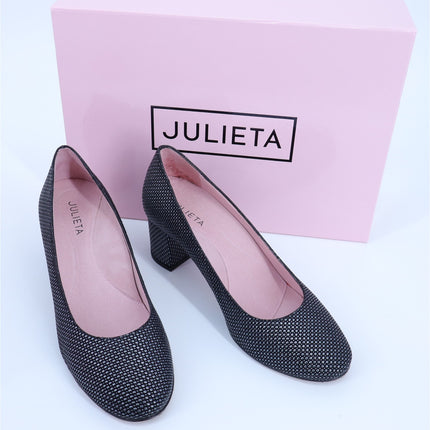 JULIETA Zoe Textured Pumps Black and Silver Block Heel NEW Women's 7