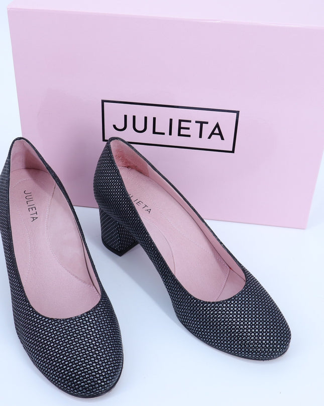 JULIETA Zoe Textured Pumps Black and Silver Block Heel NEW Women's 7