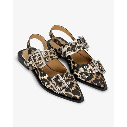 Ganni Leopard Slingback Flats Black Two Buckle Pointed Toe Women's 37/US 7