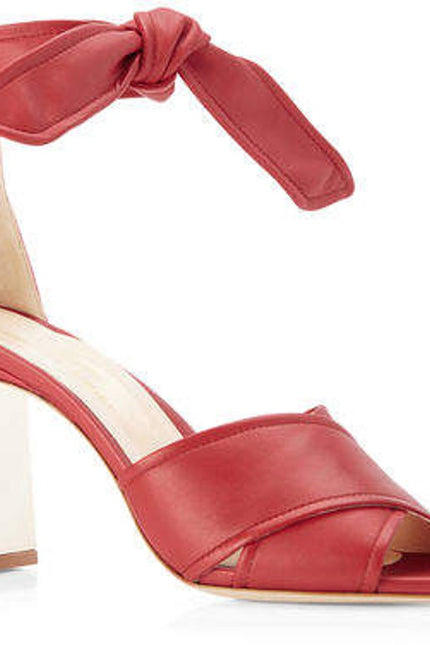 MARION PARKE Leather Ankle Tie Sandal Red Open Toe Blocked Heel Women's 38/US 8
