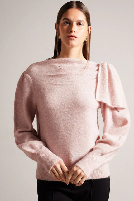 TED BAKER Larbow Statement Bow Sweater Pink Wool Knit Pullover Women's 0/US 2