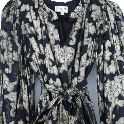 Mille Marlo Dress Black Gold Metallic Jacquard Belted Long Sleeve Women's XXS