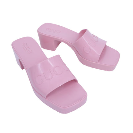 GUCCI Platform Heeled Slides Wild Rose Pink Rubber Logo Slip On Women's 36/US 6