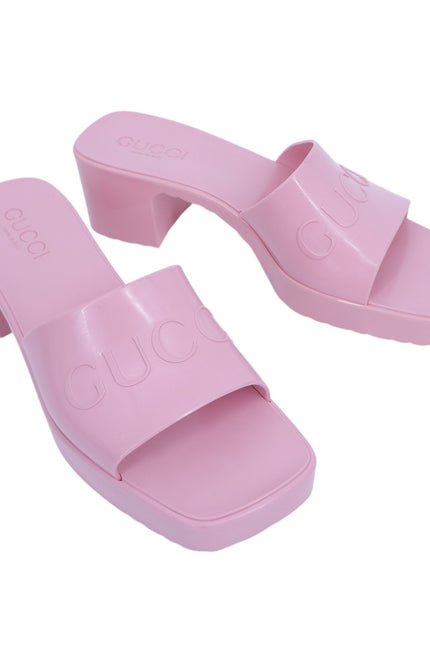 GUCCI Platform Heeled Slides Wild Rose Pink Rubber Logo Slip On Women's 36/US 6