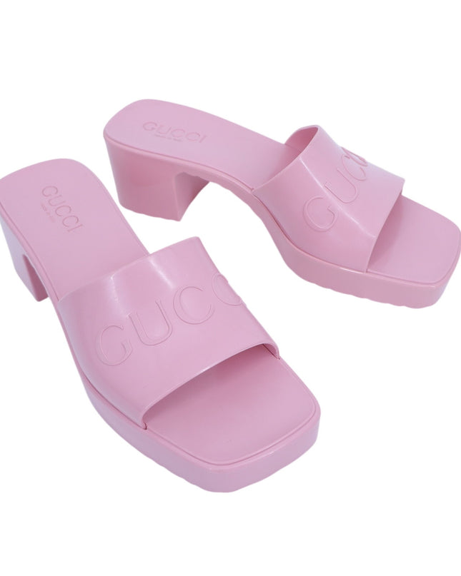 GUCCI Platform Heeled Slides Wild Rose Pink Rubber Logo Slip On Women's 36/US 6