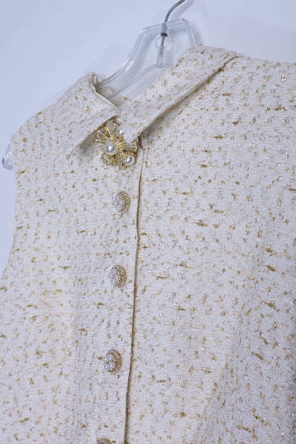 SELF-PORTRAIT Cream Metallic Bouclé Mini Dress Sleeveless Belted Women's 10