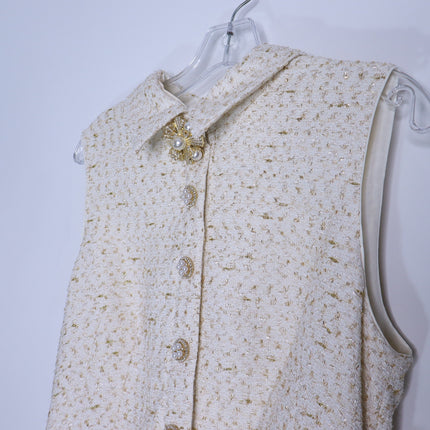 SELF-PORTRAIT Cream Metallic Bouclé Mini Dress Sleeveless Belted Women's 10