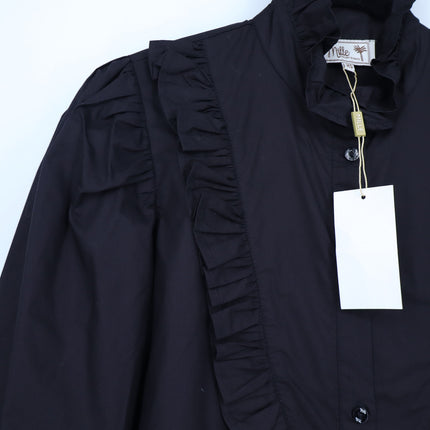 Mille Jolie Top Black Cotton Poplin Blouse Ruffled Bib Button Front Women's XS