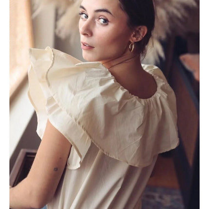 Mille Beja Ruffle Top Ivory Cotton Flutter Sleeve Blouse Women's XXS