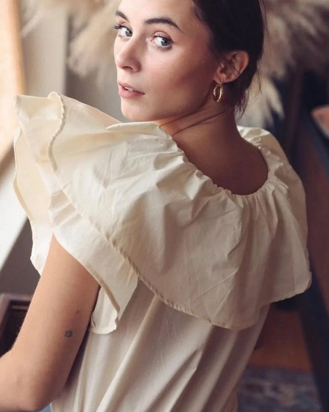 Mille Beja Ruffle Top Ivory Cotton Flutter Sleeve Blouse Women's XXS