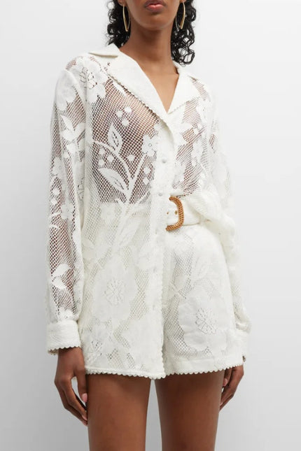 HEMANT & NANDITA Chemical Lace Button Front Shirt White Floral Women's XS