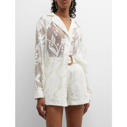 HEMANT & NANDITA Chemical Lace Button Front Shirt White Floral Women's XS