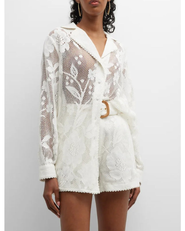 HEMANT & NANDITA Chemical Lace Button Front Shirt White Floral Women's XS
