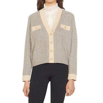 Sandro Jane Cable Knit Sweater Gray and Tan Cashmere Wool Women's 0/US XS