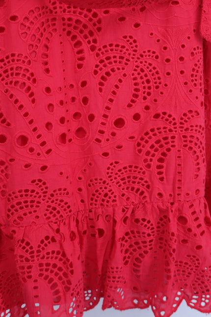 FARM RIO Red Palm Tree Eyelet Mini Dress Belted Long Sleeve Women's M