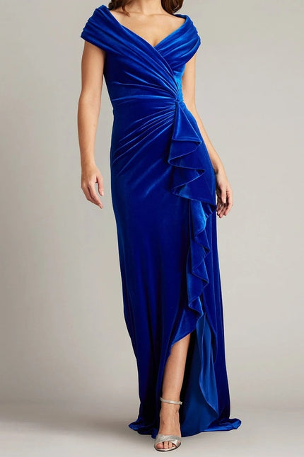 TADASHI SHOJI Alvarez Velvet Waterfall Drape Gown Bluebell Women's L