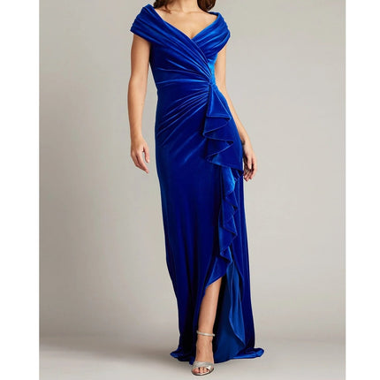 TADASHI SHOJI Alvarez Velvet Waterfall Drape Gown Bluebell Women's L