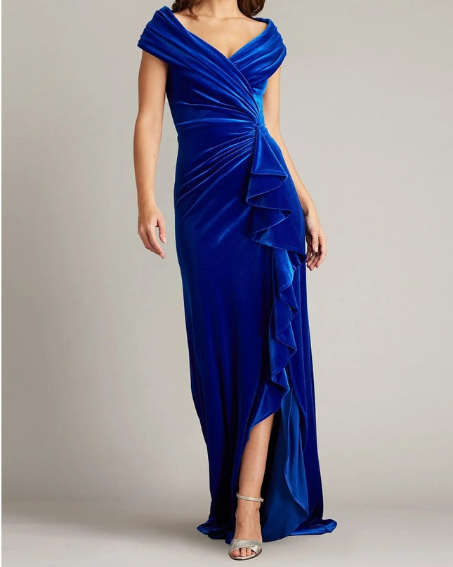 TADASHI SHOJI Alvarez Velvet Waterfall Drape Gown Bluebell Women's L