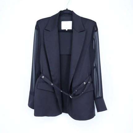 Eureka Babylon Black Satin Belted Blazer Sheer Mesh Long Sleeve Women's 42/US 6